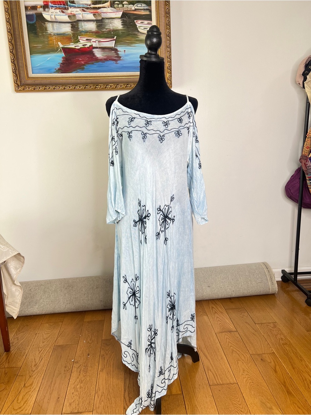 Light Blue Embroidered Cold-Shoulder Maxi Dress